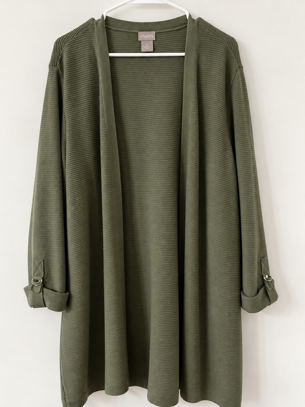 Chico’s Size 4 XXL Olive Green Ribbed Open Front Long Cardigan Sweater